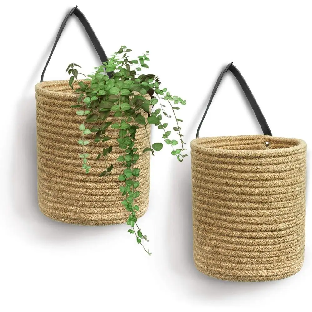Hanging Basket - Small Woven Jute Rope Basket for Lower Plants Wall Decor Set, 7.87 x 7 x 11.7 inches