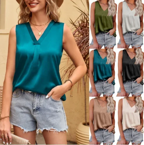 

2024 Summer New European And American Women Clothing V Neck Casual Satin Sleeveless Basic Vest Shirt