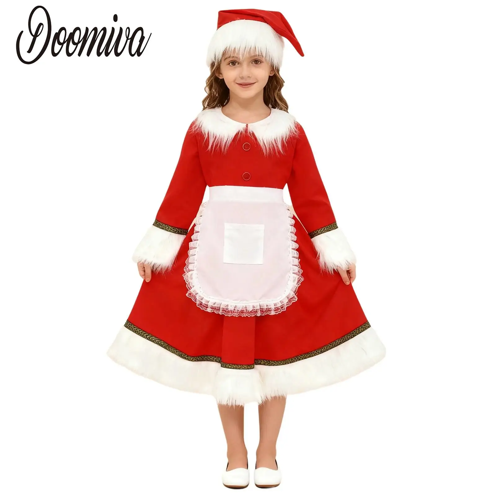 أزياء تنكرية للفتيات لعيد الميلاد سانتا كلوز فستان مكشكش بأكمام طويلة مع قبعة وبدلة مريلة لحفلات موضوع المهرجانات