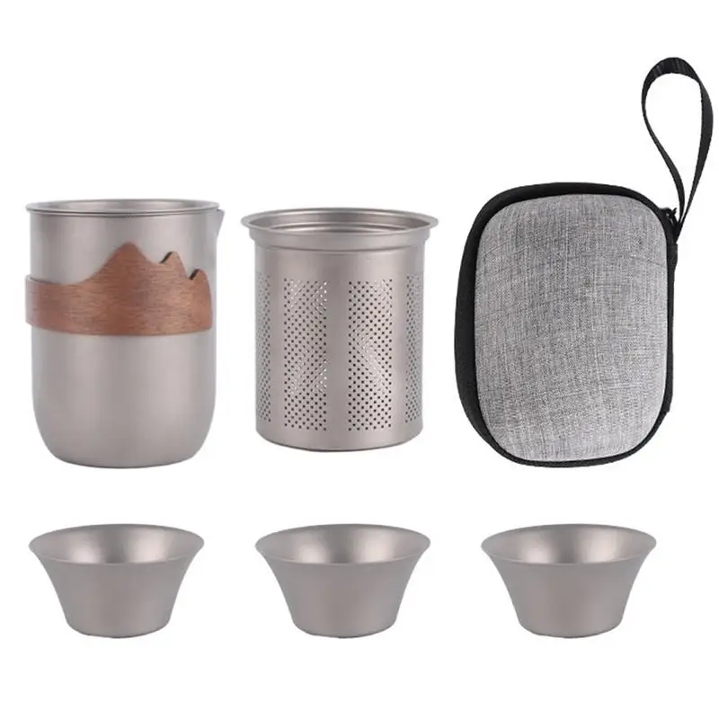 Titanium Tea Ceremony Set with 3 cups  Portable Coffee Tea Set Kettle Camping Tableware Lightweight Outdoor Hiking Travel Teapot