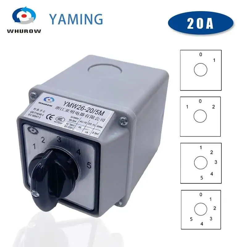 20A 5 Layers Rotary Cam Switch Power Control Switching With Waterproof Box Universal Transfer YMW26 LW26-20/5M