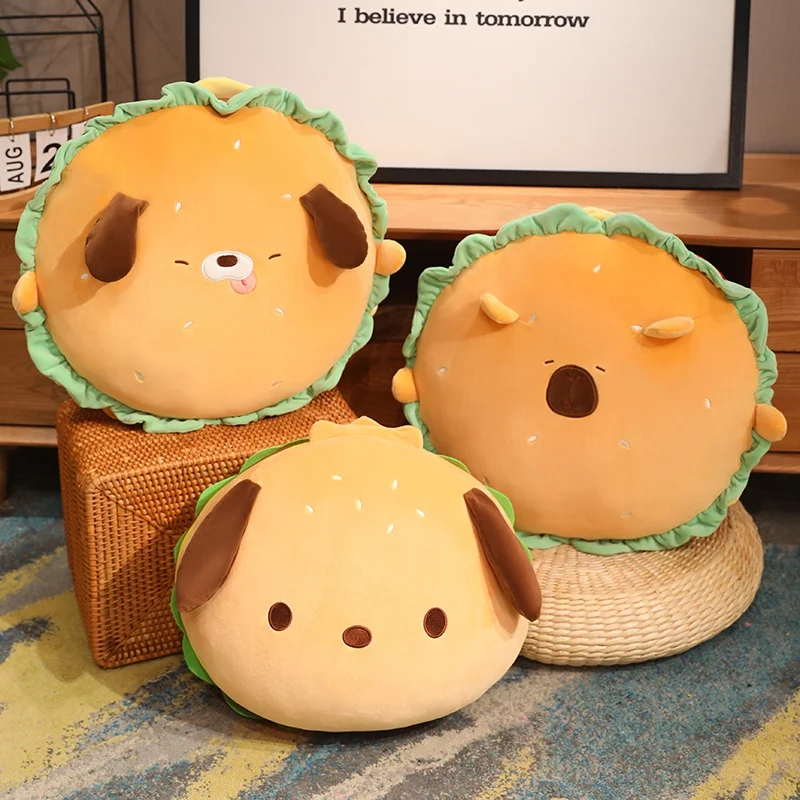50cm Capybara Puppy Dog Hamburger Pillow Stuffed Food Plush Cartoon Animal Round Cushion Back Support Sofa Chair Decor Gift