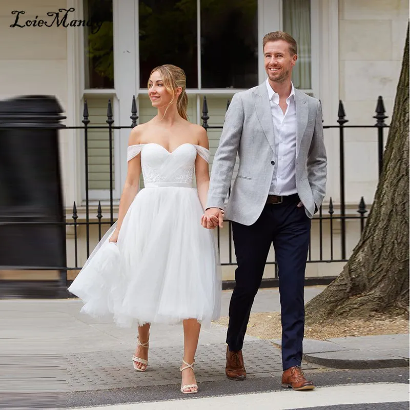 

Classy Off Shoulder Short Wedding Dresses Elegant Backless Beach Bridal Gowns For Women Tulle Knee Lenght Boho Vestidos de novia