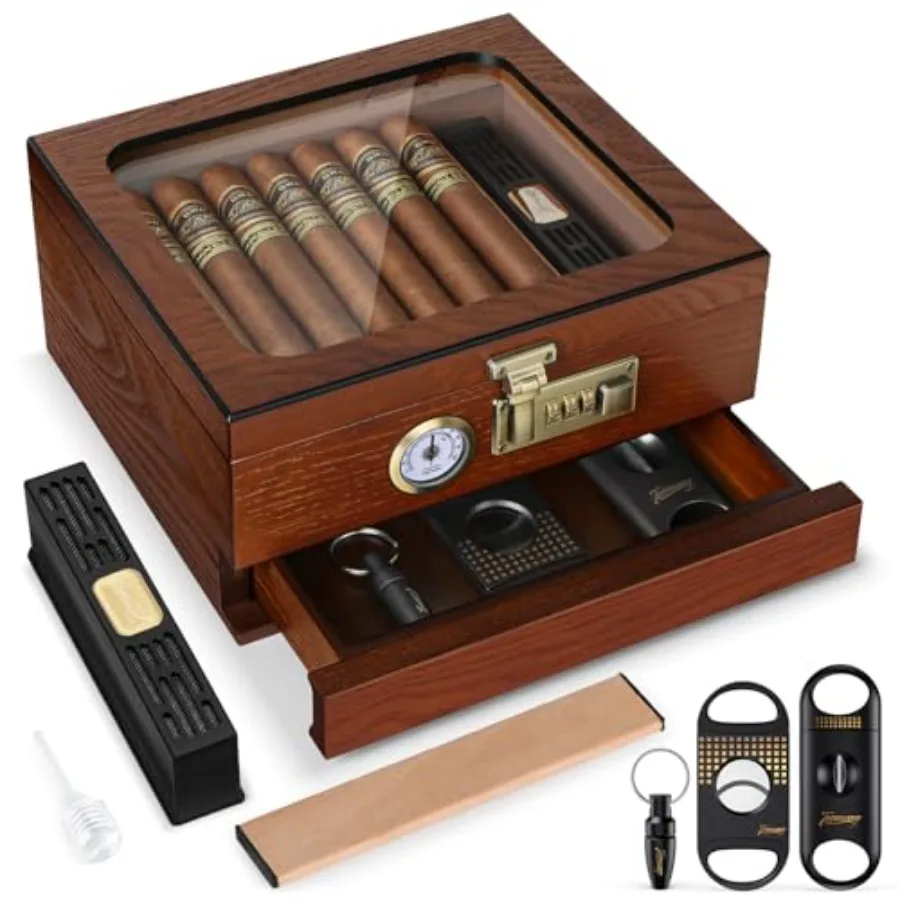 

Tesonway Cigar Humidor, Cedar Wood Humidor Cigar Box, Glass Top Desktop Humidor with Front Hygrometer, Humidifier, Divider, Acc