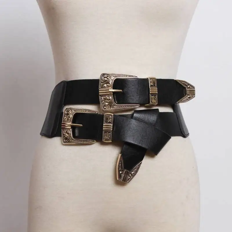 

Leather Black Pu Double Buckle Elastic Wide Belt Personality Women New Fashion All-match Spring Autumn 2026 LCA2