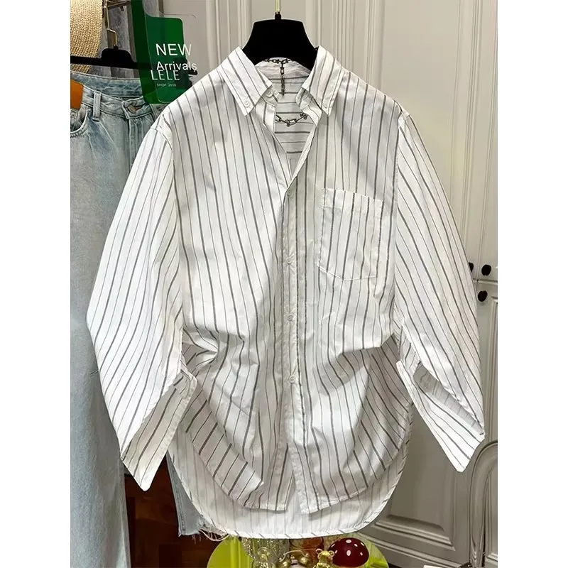 

Летняя мужская рубашка большого размера (до 300 фунтов), свободного кроя, в полоску, с защитой от солнца, с длинным рукавом, повседневный стиль, из полиэфирного волокна