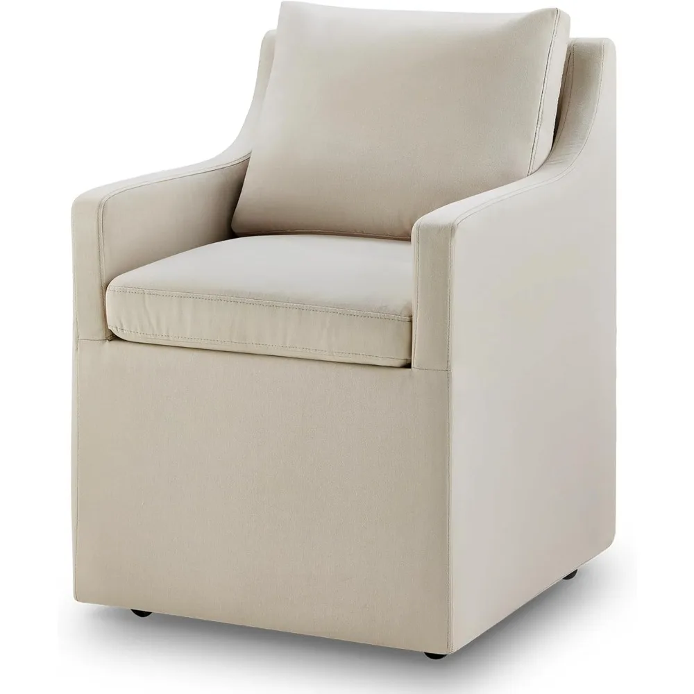 Gestoffeerde eetkamerstoel met zwenkwielen, wasbare hoes, bureaustoel met rollen voor eetkamer, woonkamer, set van 1, vlasbeige