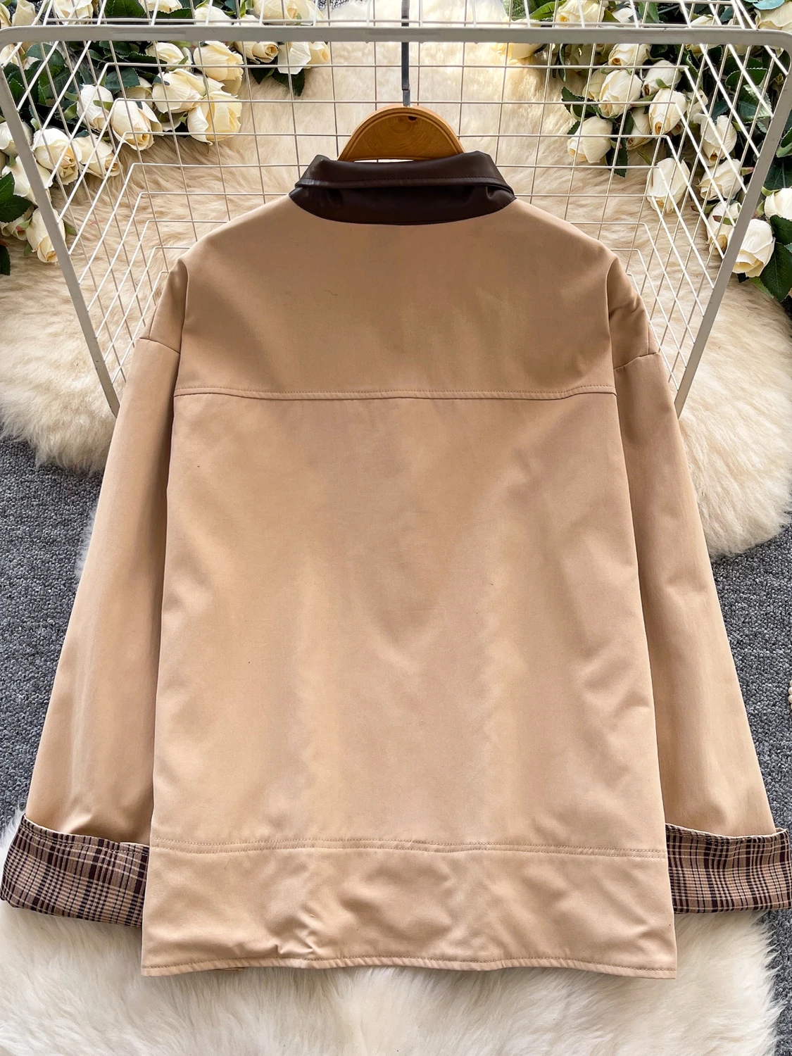 Retro Briti Sle Lungo Sve PU Pelle Splicing Cappotto da donna Casual Allentato Cachi Top Trendy Autunno Faion Capispalla