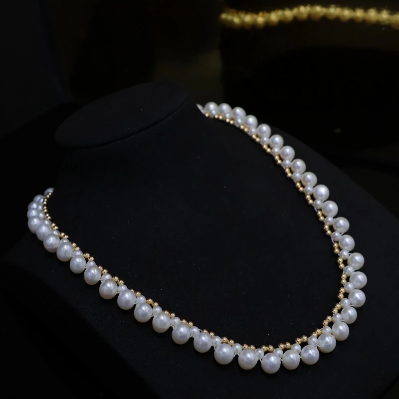 

SGARIT 14k Filled Gold Collar Necklace Natural Freshwater Pearl Choker Small Gold Bead Double Layer Chain