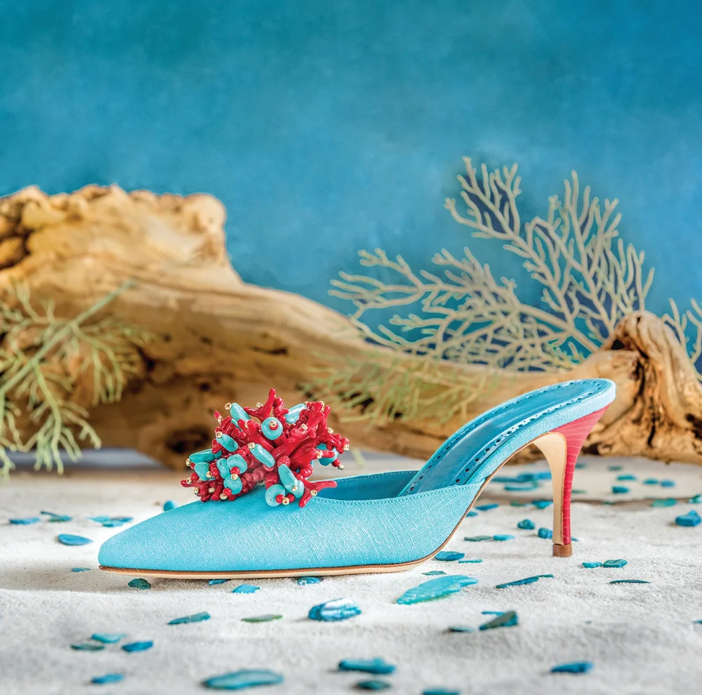 Bright Blue Open-Back Heeled Sandals Coral Turquoise Bead Accent Stiletto Heel Pointed-Toe Elegant for Beach Vacations view 4