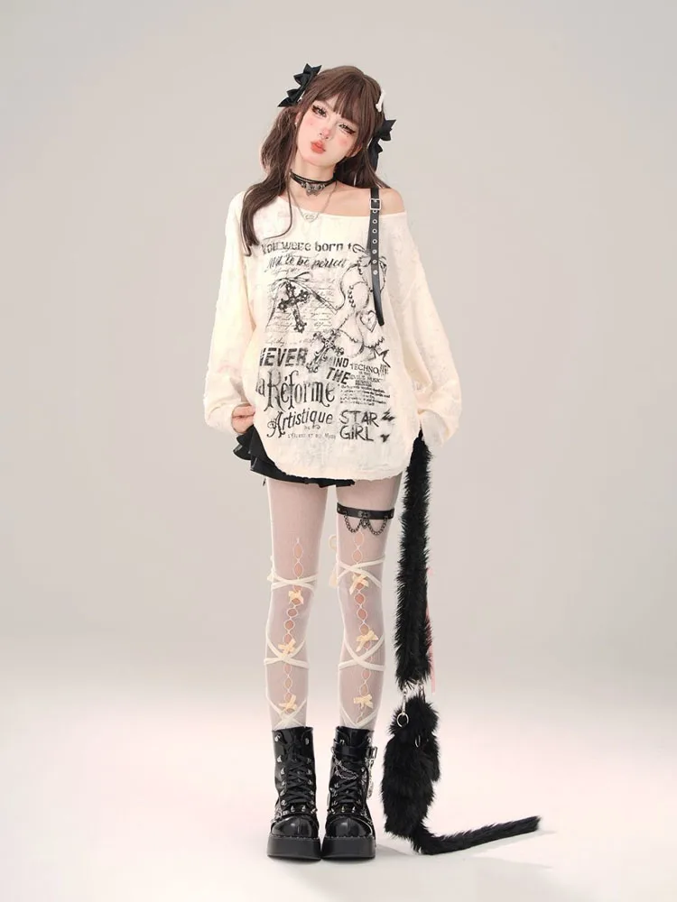 Women Off One Shoulder Distressed Long Sleeve Top Vintage Newspaper Letter Print Oversized Y2K Tunic
