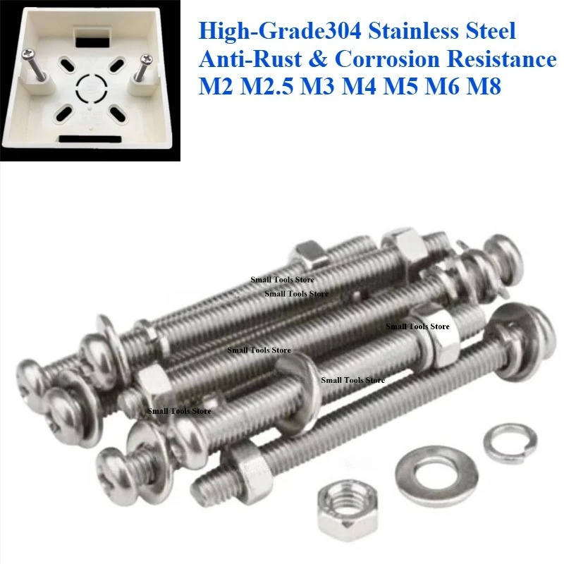 

304 Stainless Steel Phillips Pan Head Bolt Screw Nut Washer Set, M3 X 30/40/45/50mm Metric Machine Fasteners Kit, 4-in-1 Combo