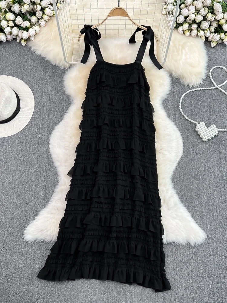 Gentle Breeze Pure Desire Wooden  Ruffle Strapl Dr Beach Vaion Loose A-Line Cake Skirt High Waist Summer Dr