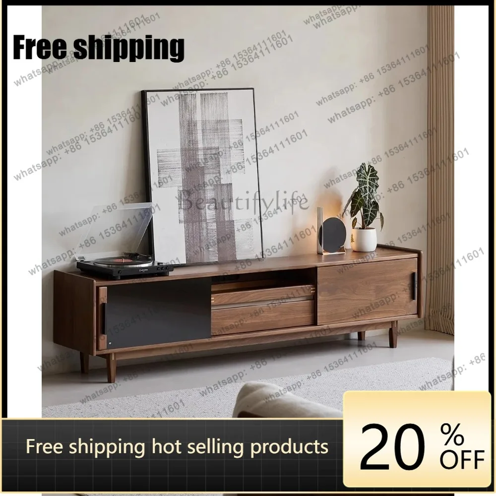 hot  Nordic all-solid wood TV cabinet, living room coffee table combination, black walnut multi-functional storage floor cabine