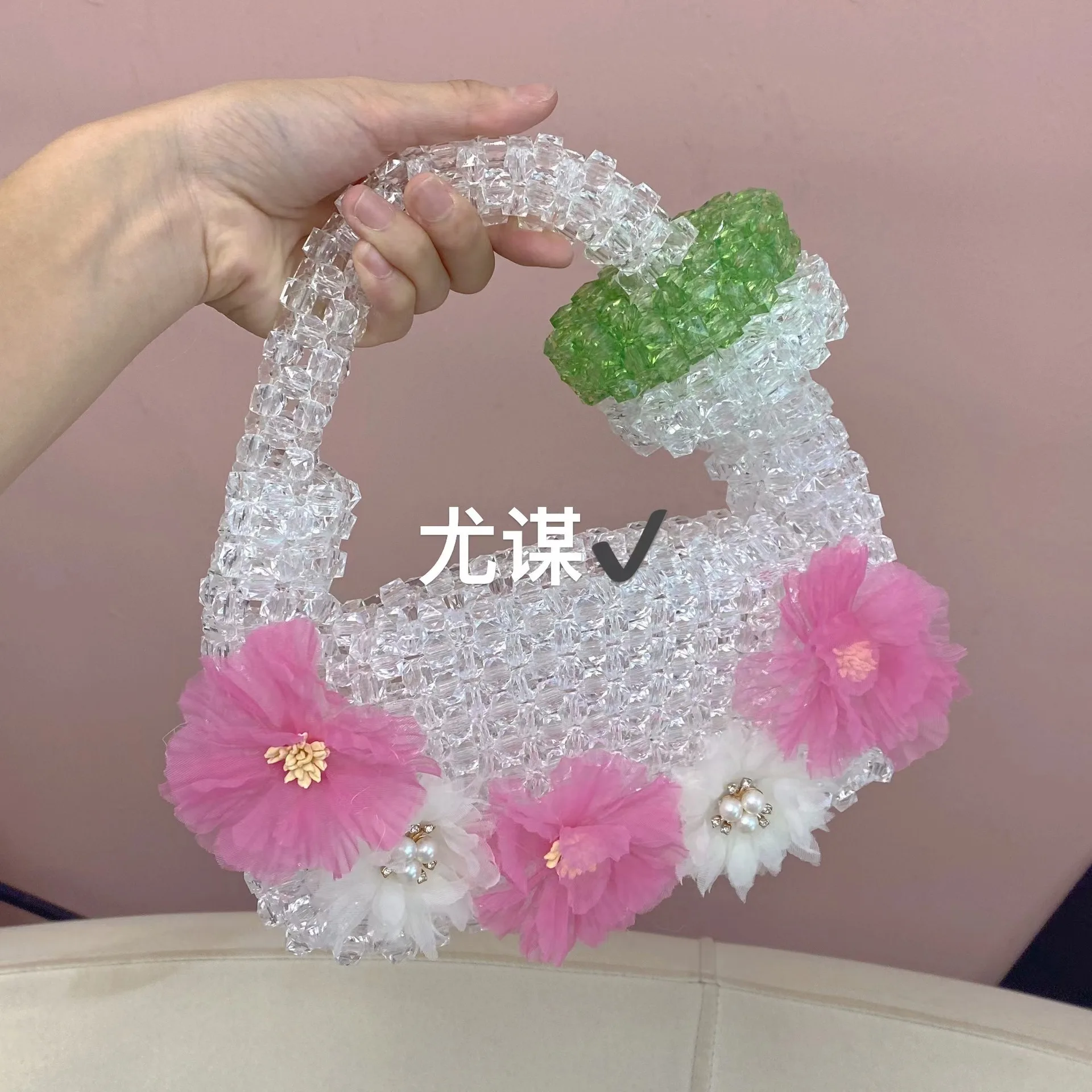 

Handmade Transparent Bead Bag With Feather Celebrity Beading Handbags Designer Beaded Ladies Party Bag Top-handle Phone Purses
