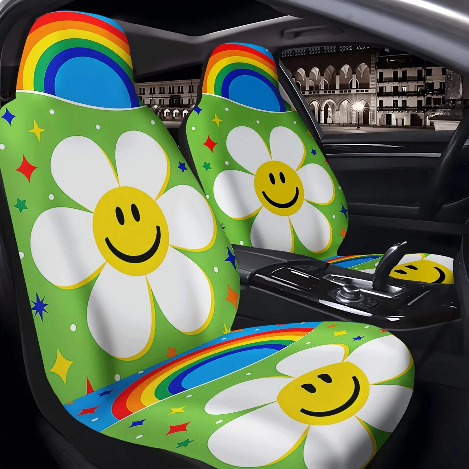 Set Of 2 Front Seat Covers For Cars, Featuring A Rainbow Smiley Face Print, Suitable For Sedans, Suvs, And Trucks. Durable Polye