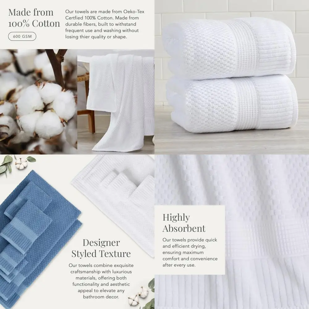 

Набор из 2 больших хлопковых банных полотенец | Впитывающие, быстросохнущие полотенца | Текстурированный, прочный, ярко-белый