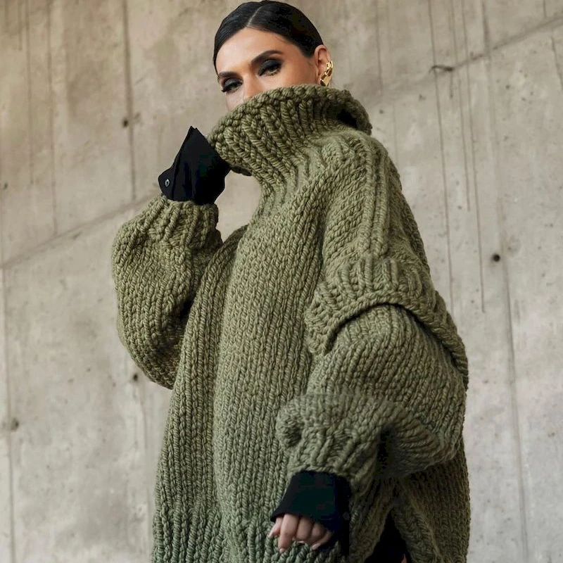 

High Street Fashion Turtleneck Sweaters Women 2023 Autumn Elegant Solid Flying Sleeve Loose Winter Warm Sweater Jumper Femme