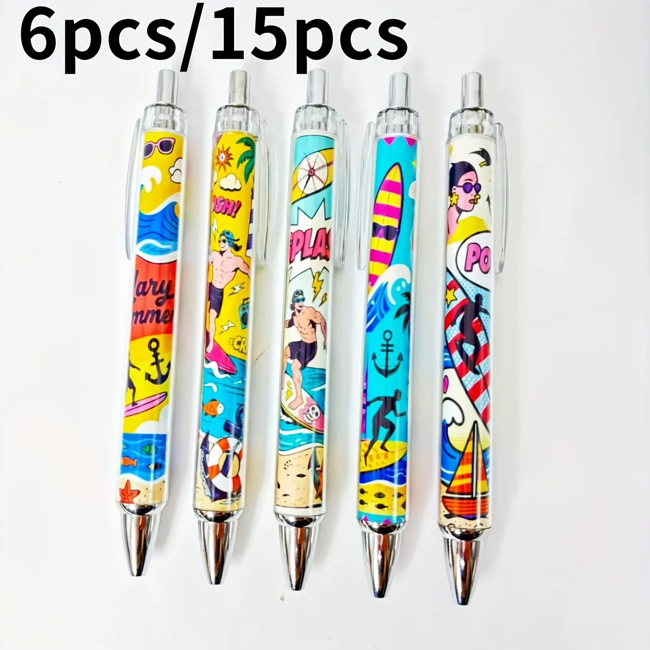 

6Pcs/15Pcs Summer Surf Ballpoint Pens Surf-Themed Retractable Ballpoint Pens Back-To-School Student Writing Pens