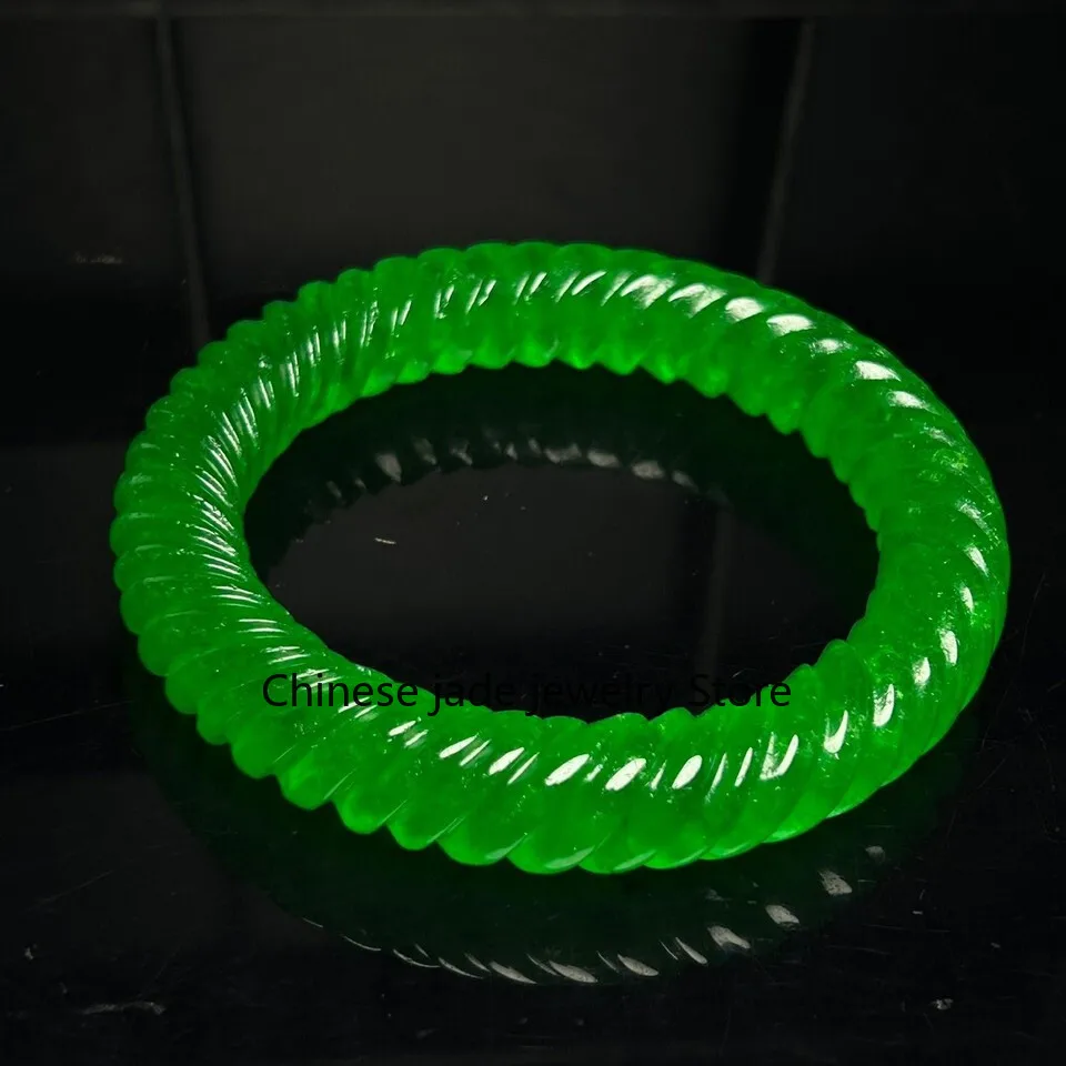Certified Natural Icy green Jade jadeite artistic carving bracelets Bangle 60mm