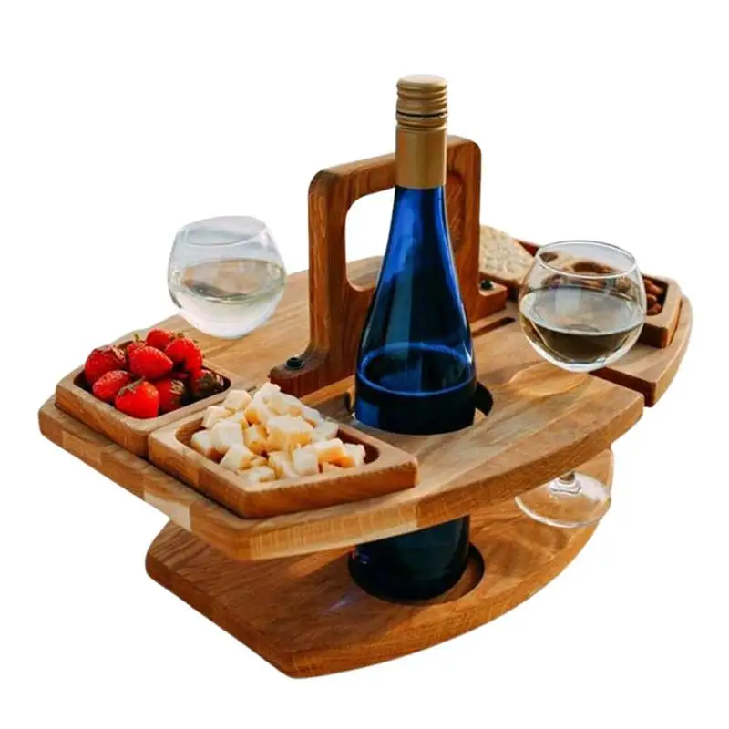 Wooden Folding Picnic Table Outdoor Wine Picnic Table Outdoor Beach Bar Table Snack And Cheese Tray With 2 Wine Glasses Holder