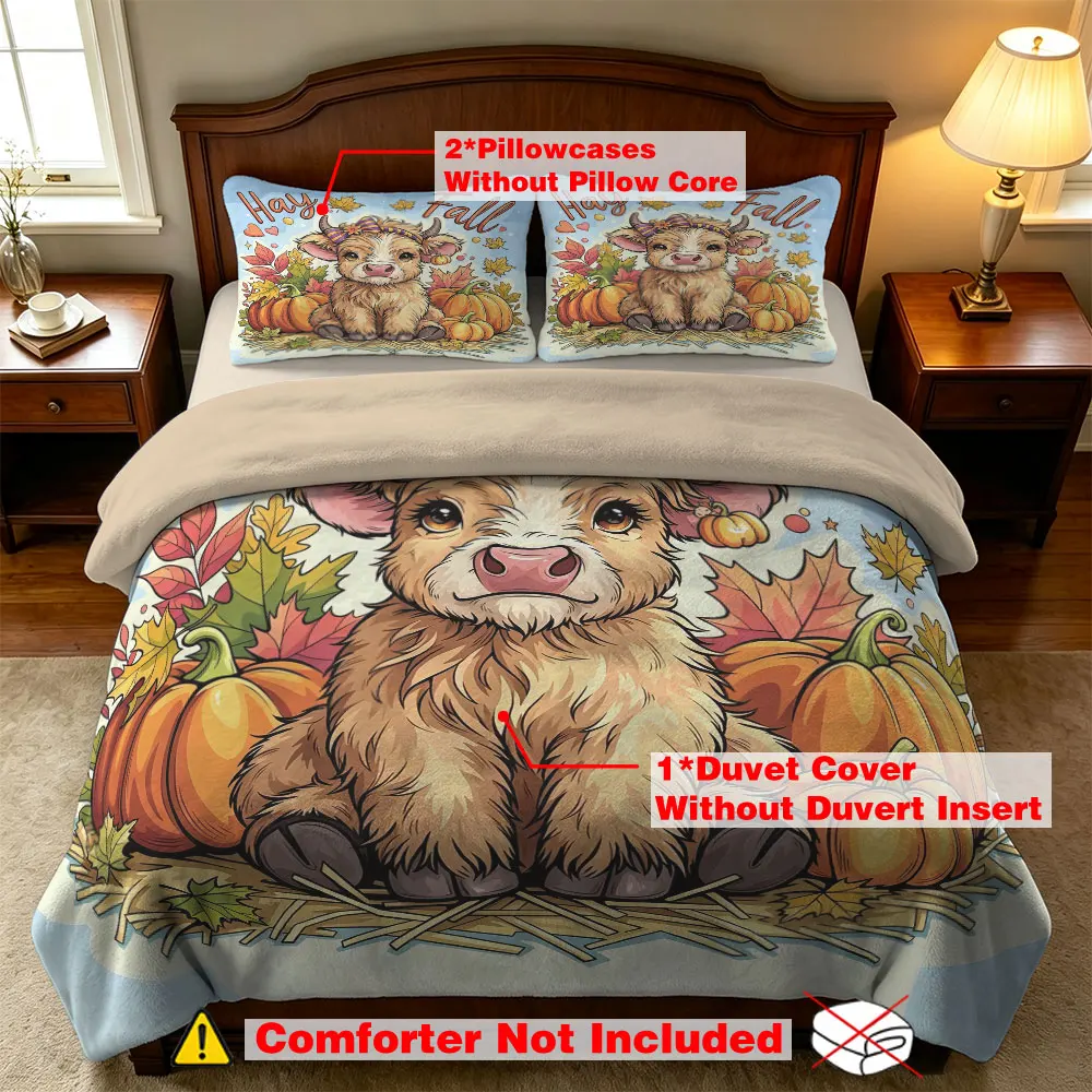 Hay Fall Highland Cow Pumpkin Print Milk Velvet Duvet Cover Set 3 Piece Autumn Soft Flannel Bedding Set Home Decor