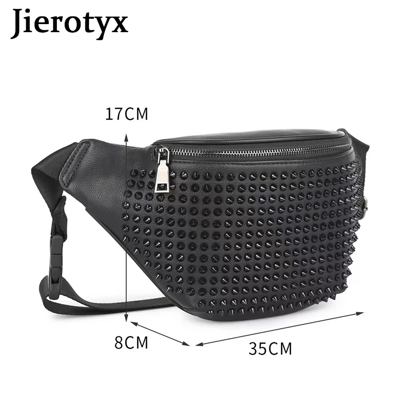 Imagem -02 - Jierotyx Personalidade Bloco de Fanny Couro Vintage Rebite Cintura Bolsas de Peito Bolsa Cravejado Cinto Bolsa para Mulher Estilo Gótico