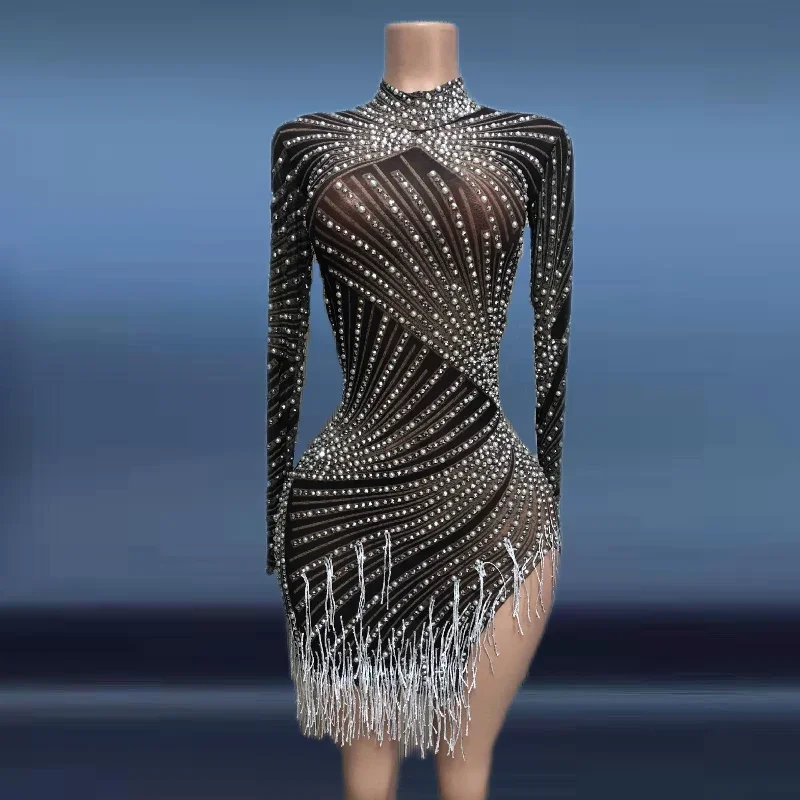 Sexy pérola strass borlas pacote apertado hip vestido senhora aniversário baile de formatura noite franjas vestidos cantor anfitrião boate traje