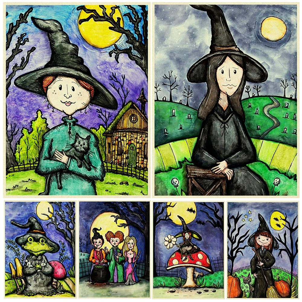 

Small Witch On Mushroom And The Frog Witch Vintage Wall Art Canvas Painitng Whimsical Folk Witch Art Poster And Print Home Decor