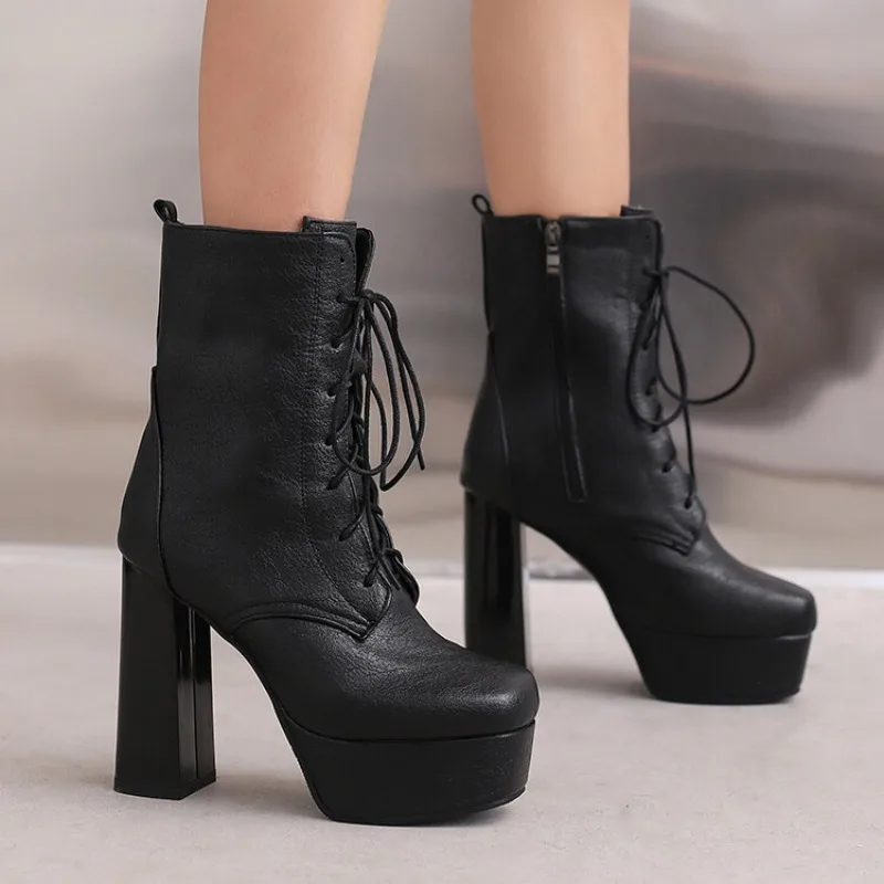 

2026 Winter Autumn New Retro Brown Round Head Short Boots Cross Lace Side Zipper Decoration Knee Boots