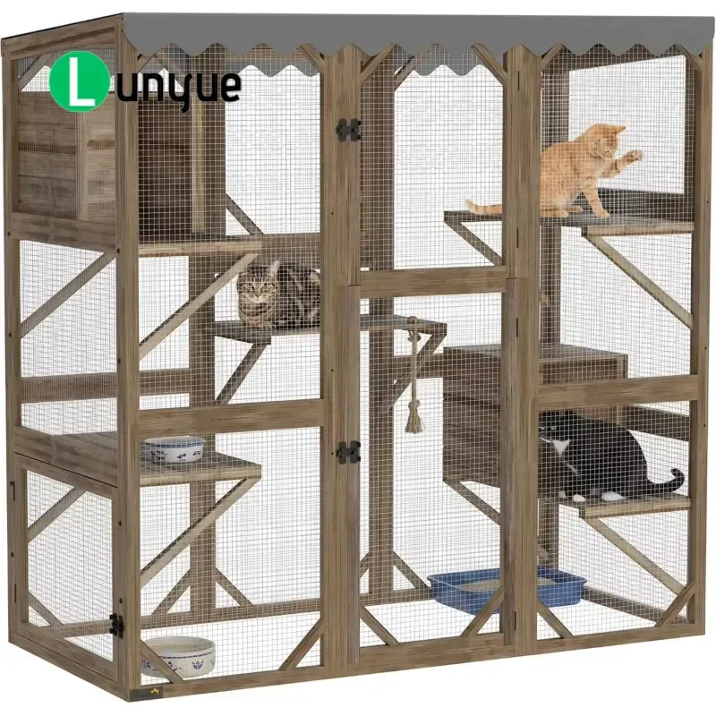Modern Luxury Wooden Cat House Indoor Enclosure Multi Level Platform with Lockable Doors Easy Clean Spacious Activity Area