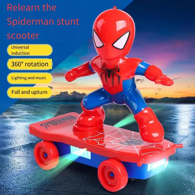 Novo homem aranha rotação automática flip skate carro acústico-óptico música elétrica brinquedo dublê scooters presente de natal anime