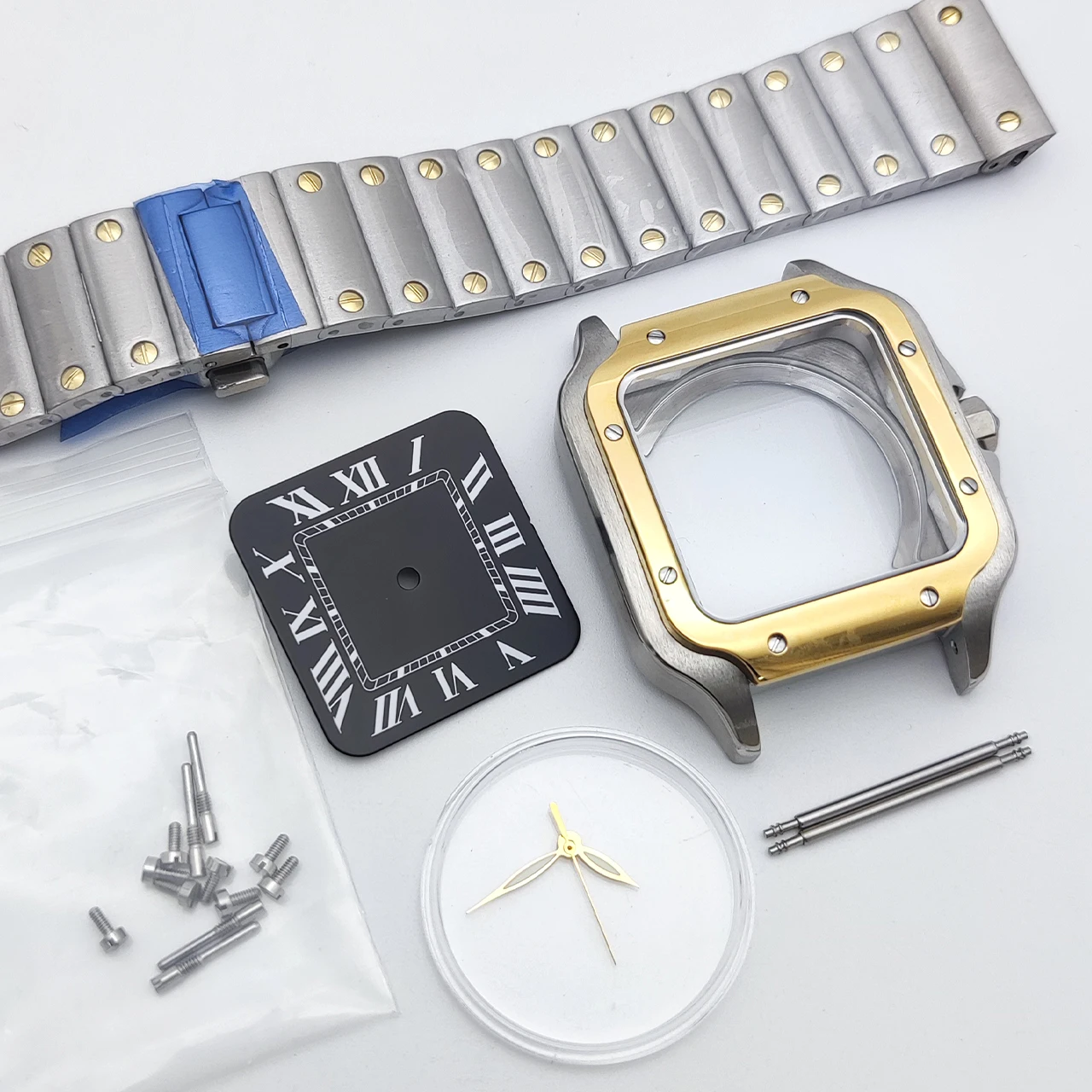 New Arrival 38mm NH35 Gold Square Watch Case Kit, 316L Stainless Steel Band Sapphire Crystal Display Back Gold Luminous Hands