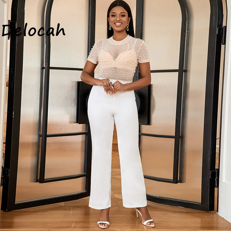 

Delocah 2026 Spring Women's New Fashionable Round Neck Short sleeved Nail Beaded jumpsuit Straight leg Pants
