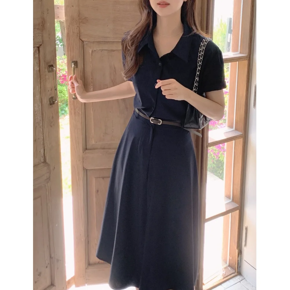Chic Korean Style Vintage Elegant Shirt Dress with Belt Short Sleeve Turn-down Collar Waist-cinching Summer Dress for Women