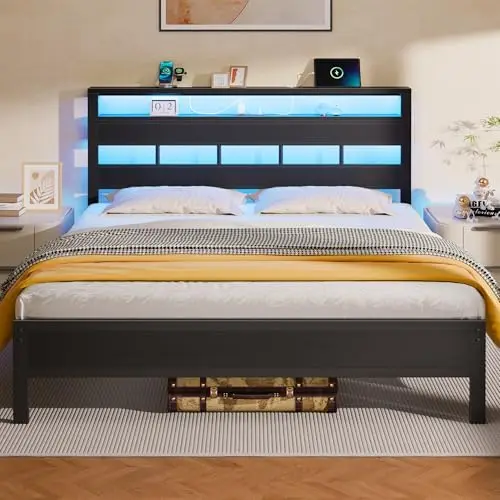 Queen Bed Frame with Storage Headboard and LED Lights, Metal Bedframe with Charging Station and USB Port, Queen Size