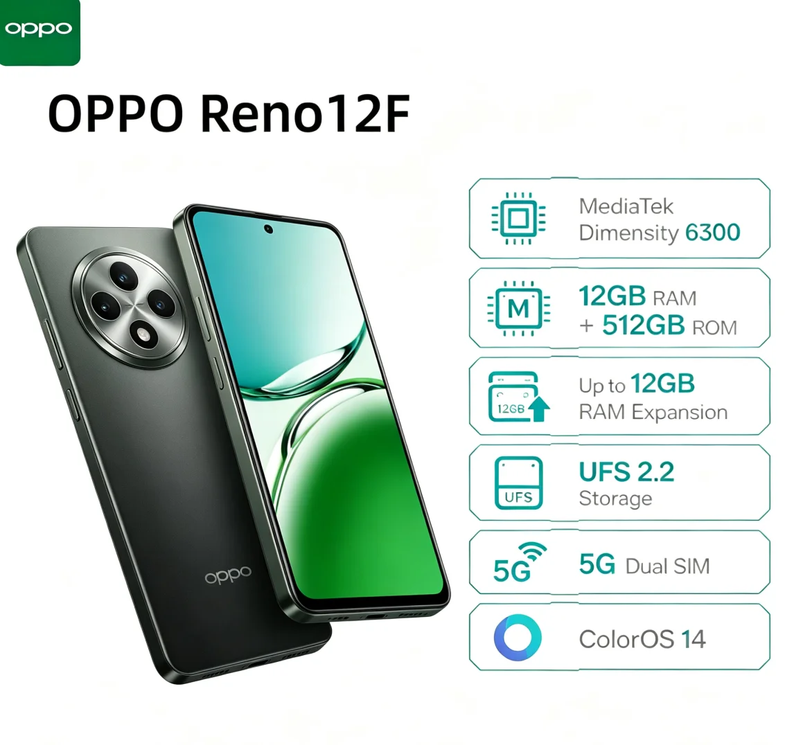 Popular 2026 OPPO Reno12F Unlocked Android Phone 12GB 512GB Big Capacity Storage High‑End Memory Configuration Stable Operation