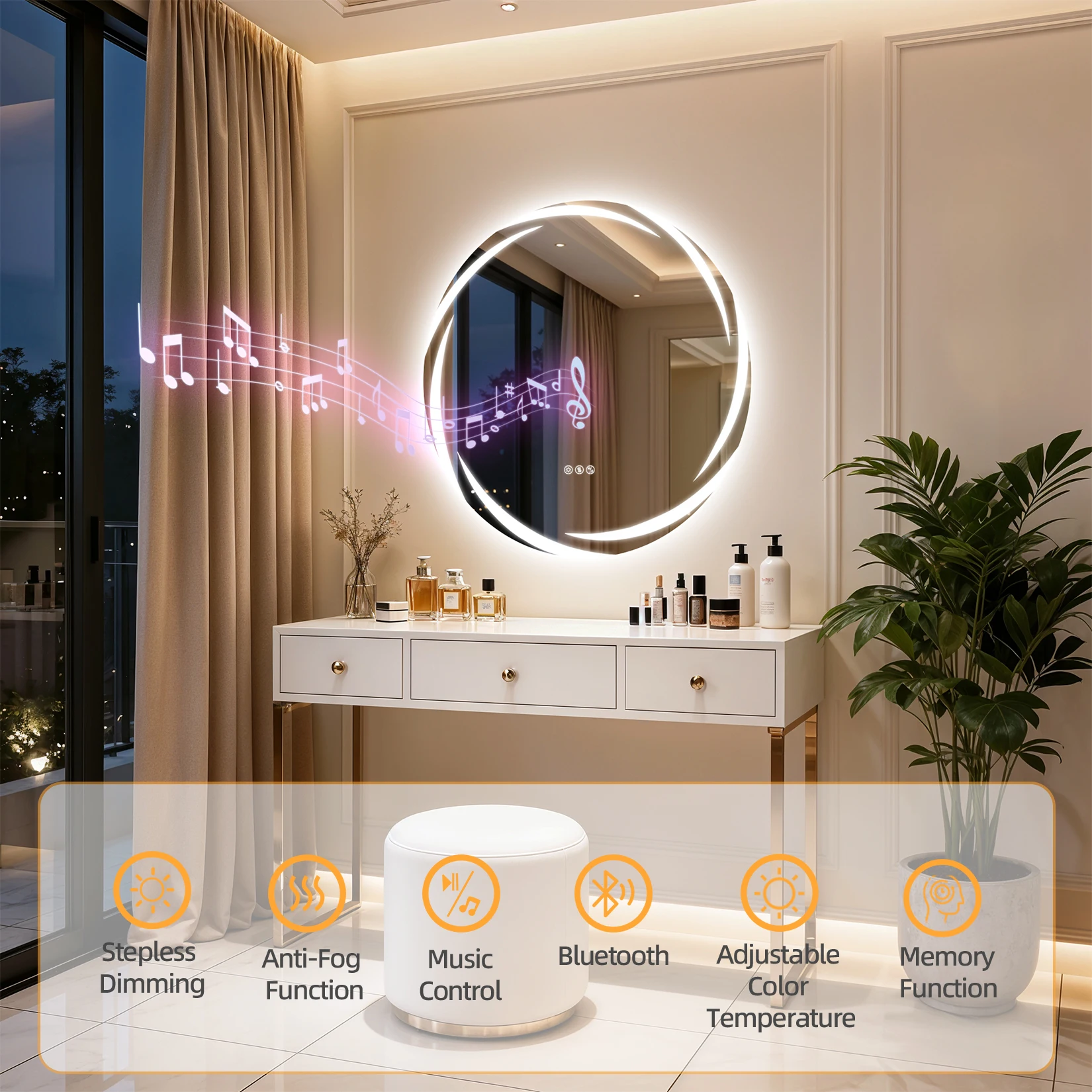 LED Bathroom Mirror Tempered Glass 32” Round Bluetooth Mirror with Double Speakers, 3 Color, Dimming, Defog, Memory Function