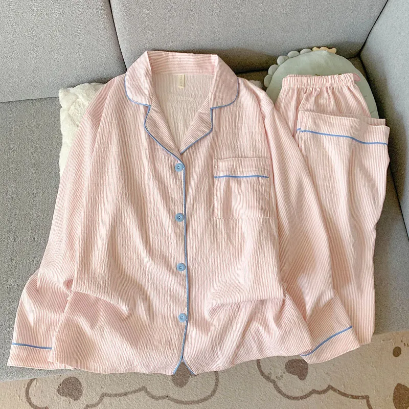 Spring Sweet Contrast Color Striped Pajama Set Women Lapel Long Sleeve Single Breasted Tops Pants Korean Loose Casual Loungewear