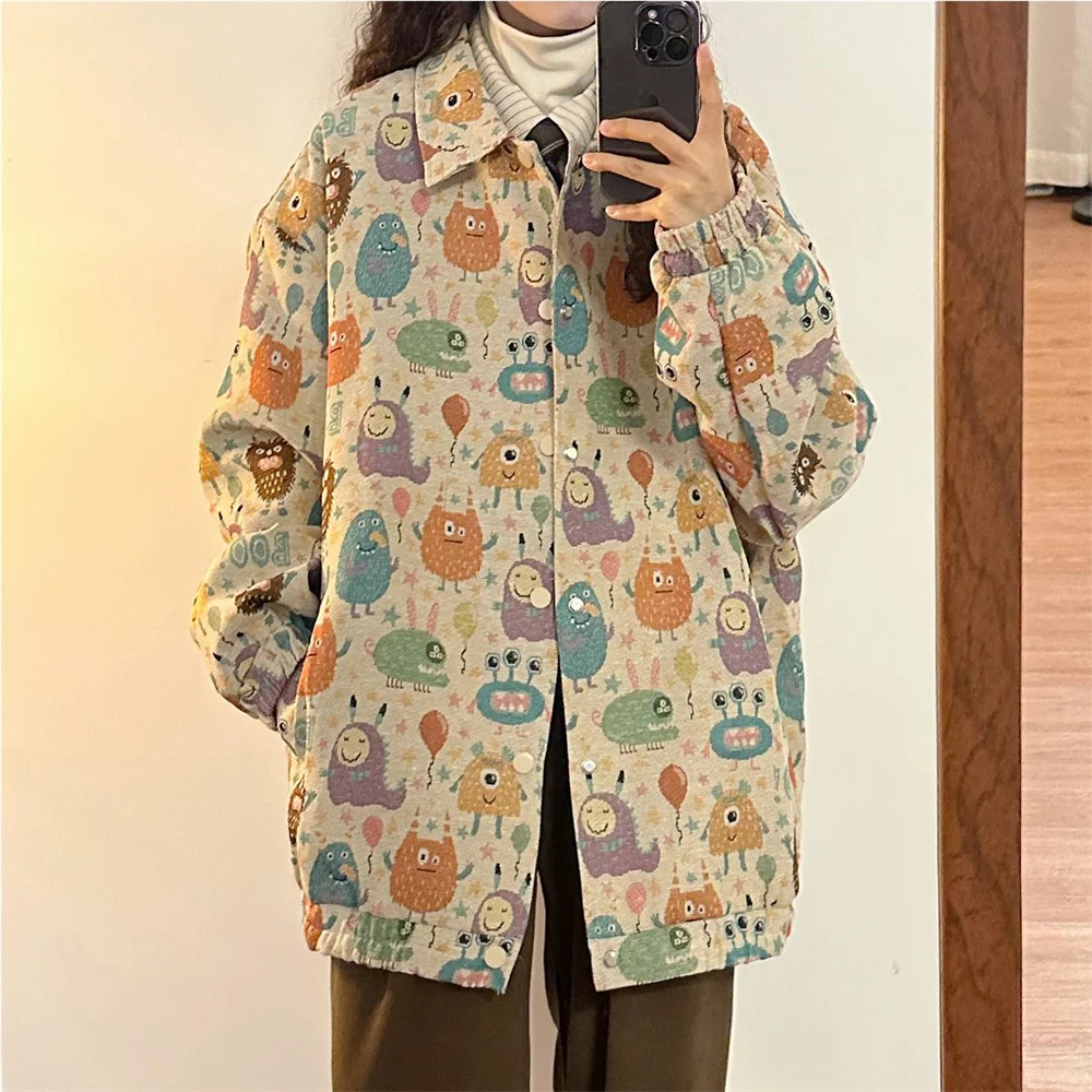 

Spring and Autumn Department retro preppy coat men's and women's loose fashion brand fun full print cartoon lapel lovers jacket