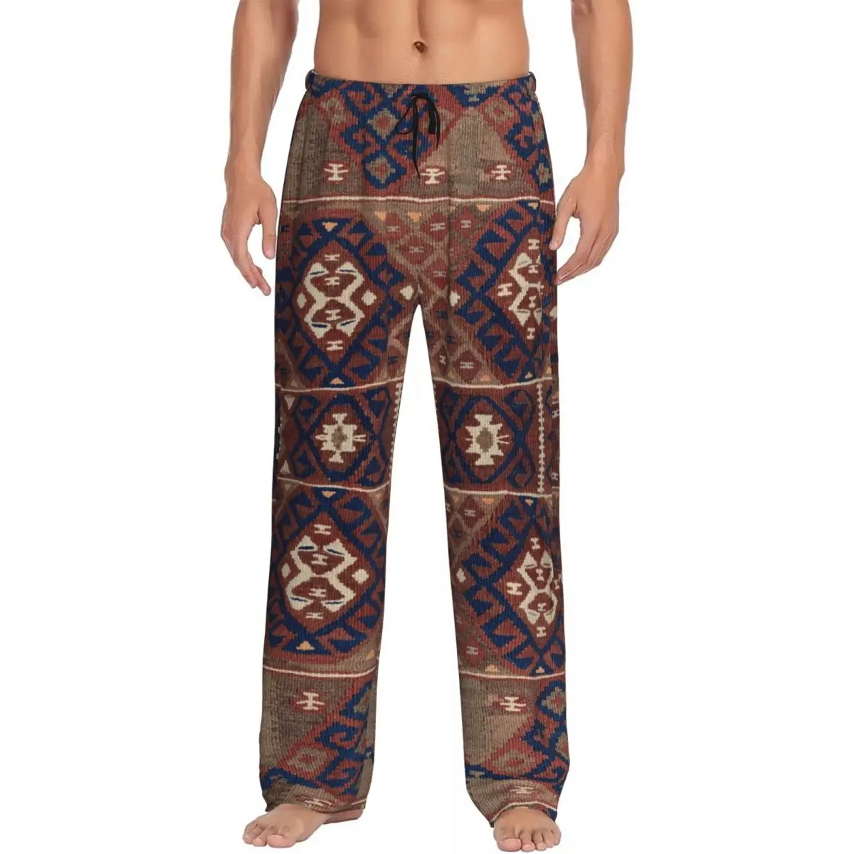 Custom Old Persian Kilim, Navajo Weave, Woven Aztec Textile Pajama Pants Men Sleepwear Sleep Lounge Bottoms with Pockets