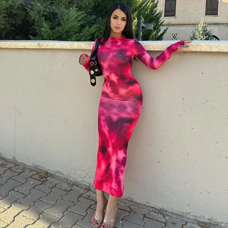 

CPSYM Tie Dye Сетчатое корсетное платье Летние женские платья Облегающее платье с длинными рукавами и принтом макси со рюшами Прозрачное женское платье