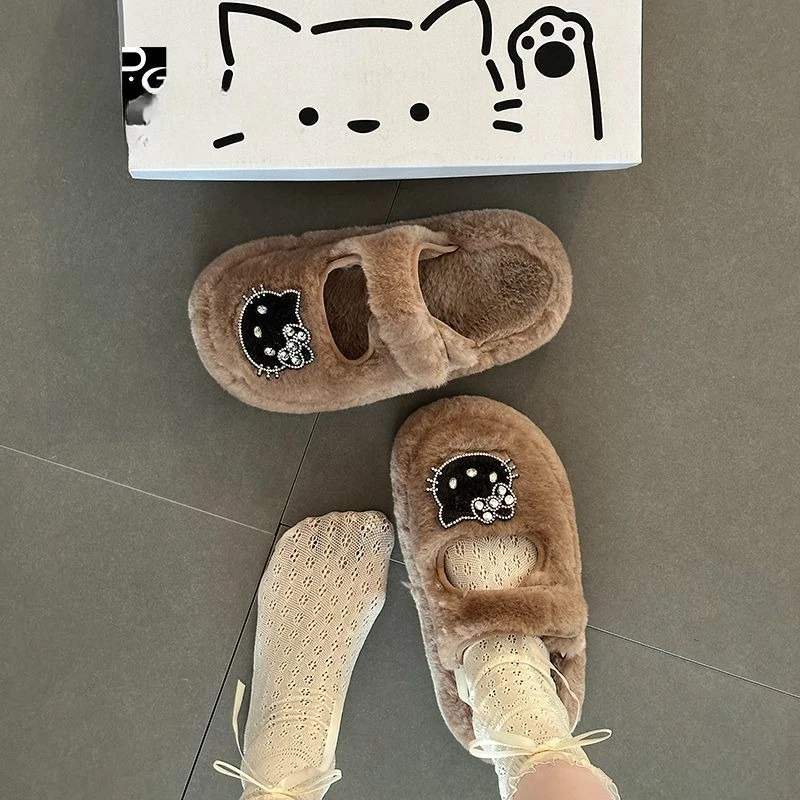

Sanrio Hello Kitty Furry Slippers, милые полутапочки на толстой подошве со звездами для девочек, зимняя модная домашняя обувь из ворса, хлопковая обувь