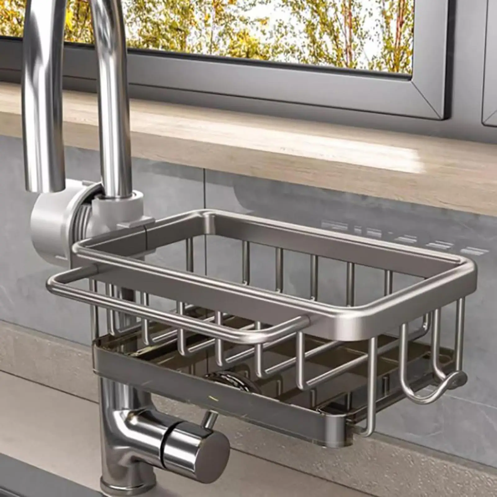 Kitchen Sink Faucet Organizer Rustproof Detachable No Drill Space Saving Bathroom Sink Soap Brush Storage Shelf for Bathroom