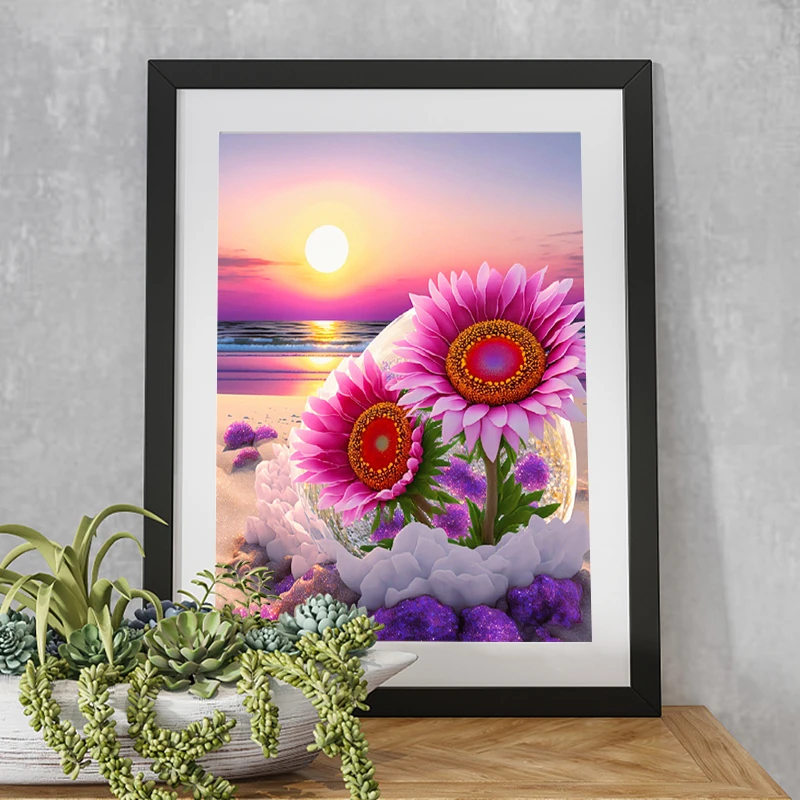 Flower 5D Mosaic Diamond Painting Beautiful Beach Sunflowers and Sky Scenery Full Diamond Mosaic DIY Cross Stitch Home Decor