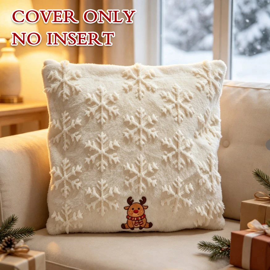 3D Christmas Snowflake Throw Pillow Covers Faux Plush Embroidered Xmas Pattern Cushion Covers for Sofa Couch Home Decor