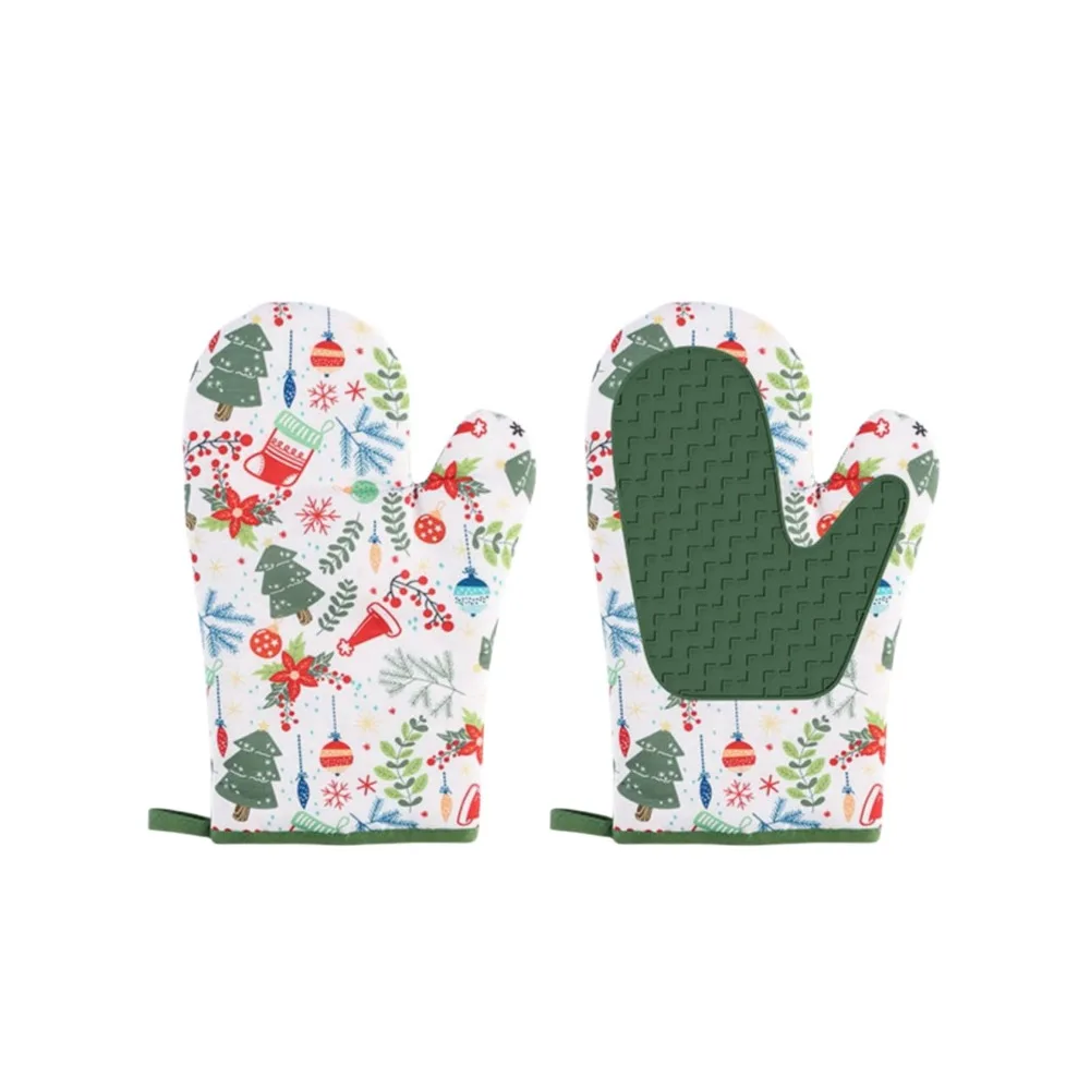 Pair Silicone Oven Mitts Heat Resistant Christmas Style Design Soft Cotton Lining Waterproof Non-Slip Grip Glove Kitchen BBQ