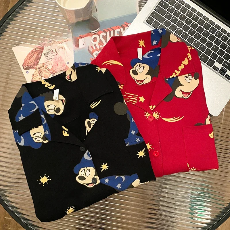 Disney Mickey pure cotton couple pajamas autumn new loose cardigan men\'s and women\'s two-piece set womens pajamas loungewear set