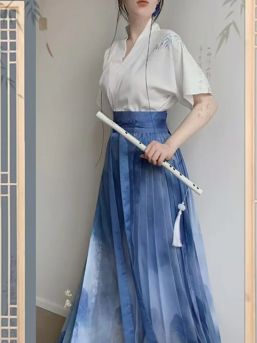 Original Ming Style Hanfu Women Airplane Sleeve Short Sleeve Top Mamian Skirt Set Summer Thin Casual Chinese Outfit