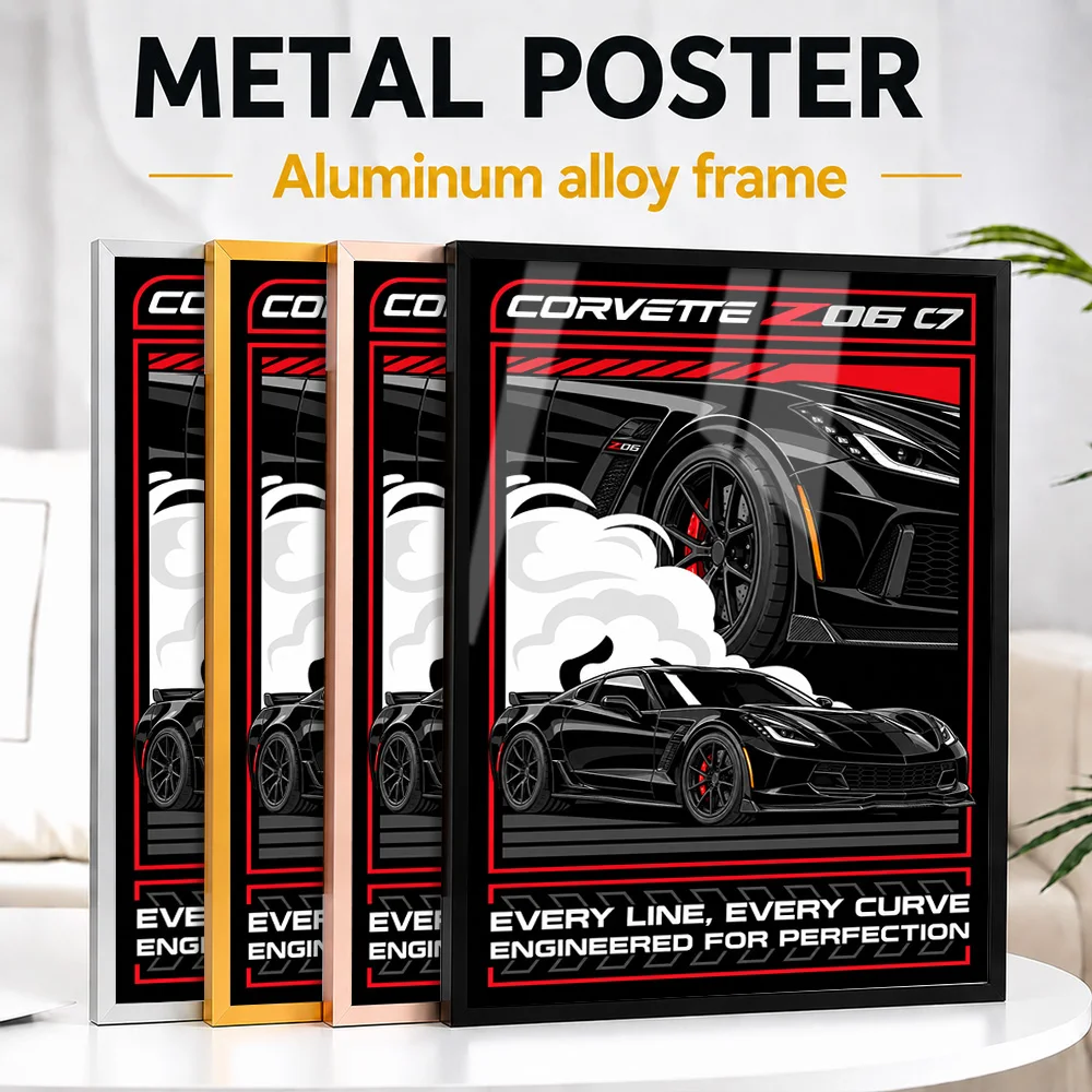 American Corvette Z06 C7 Black Sports Car Framed Metal Poster Personalized Precision Machine Wall Art Enhances Collector Den